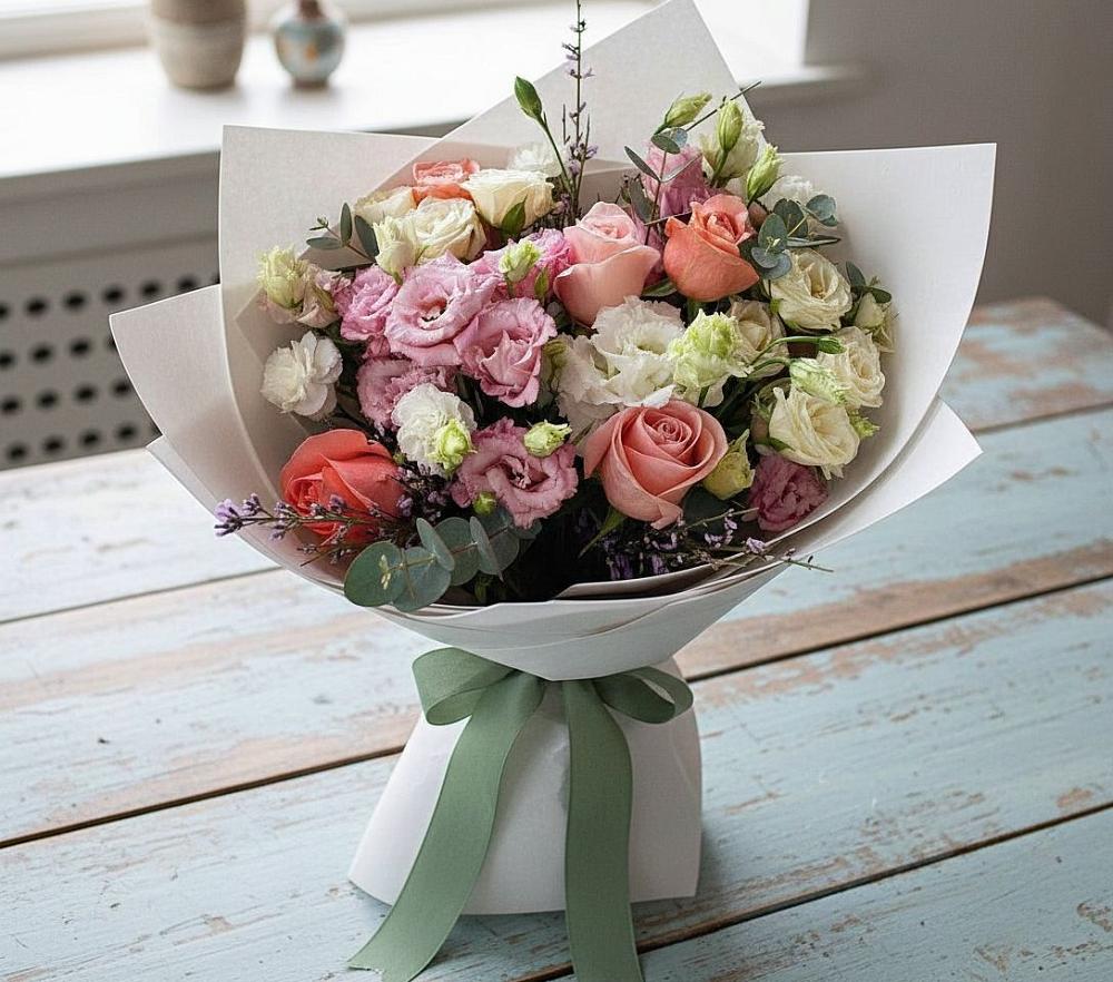 Букет цветов из: Розы, Лизиантусы и Гвоздики в Маджалисе