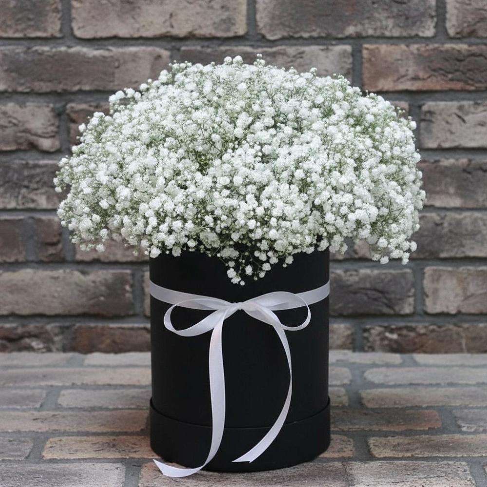 Цветочная композиция из Гипсофила в шляпной коробке в Маджалисе